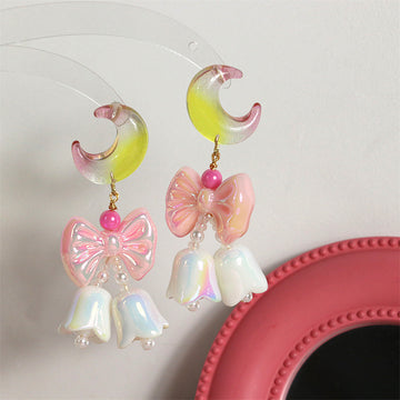 Gradient Moon Bow Blue Bell Vintage Earrings