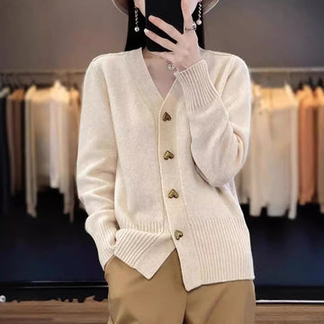 Heart Buckle Solid Color Knitted V-neck Cardigan Loose Sweater For Women