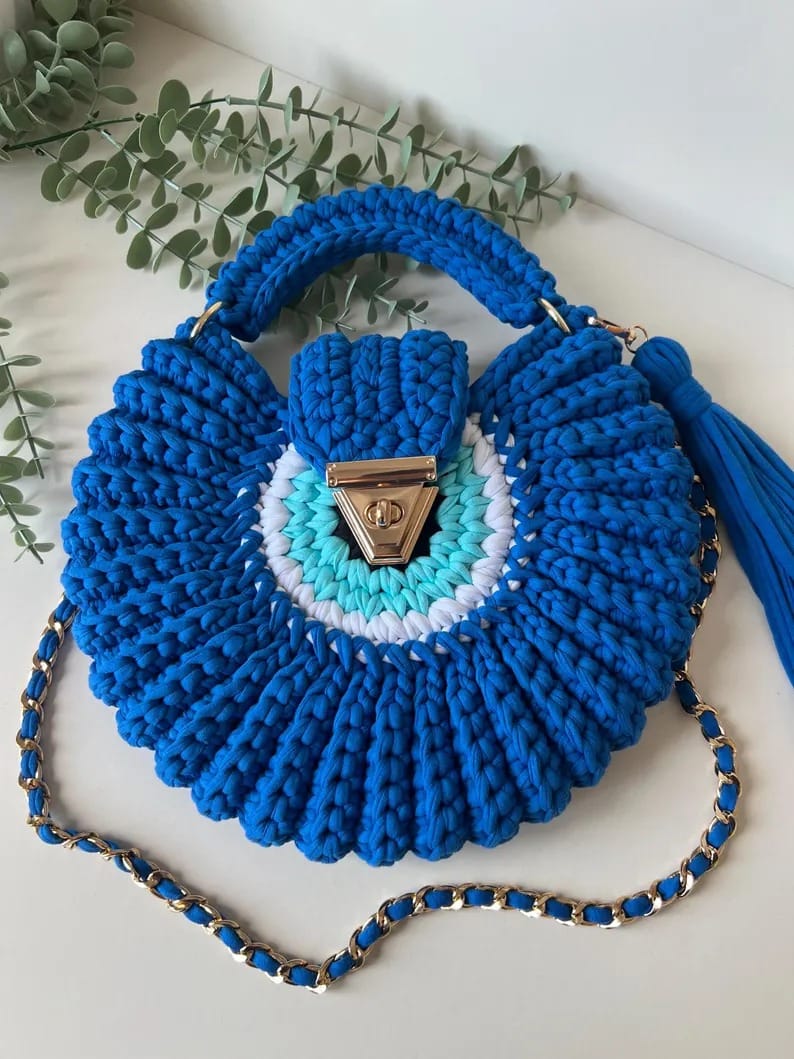 Handmade Crochet Handbag for Women | Stylish Round Sling Bag with Golden Chain