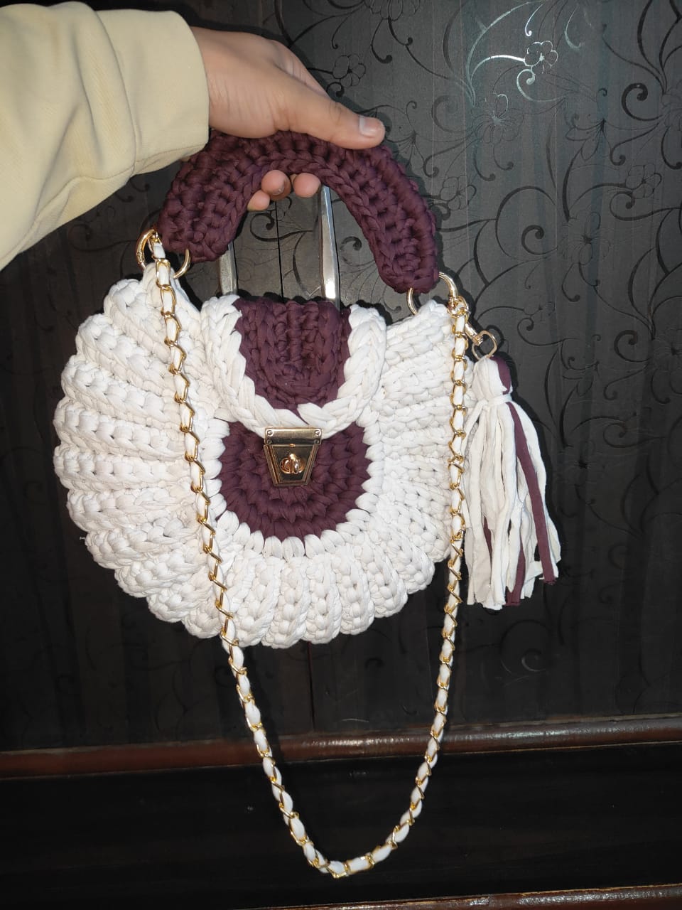 Elegant Handmade Crochet Handbag for Women | White & Coffee Brown Designer Sling Bag with Golden Chain