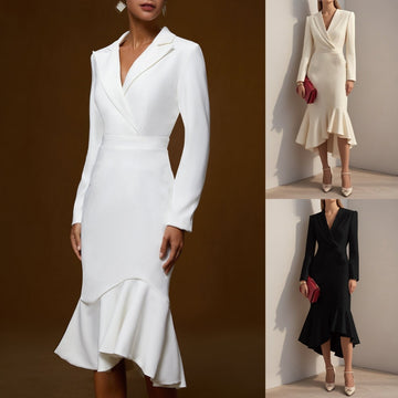 Solid Color Fashion Suit Collar Stitching Elegant Slim Fishtail Dress For Women