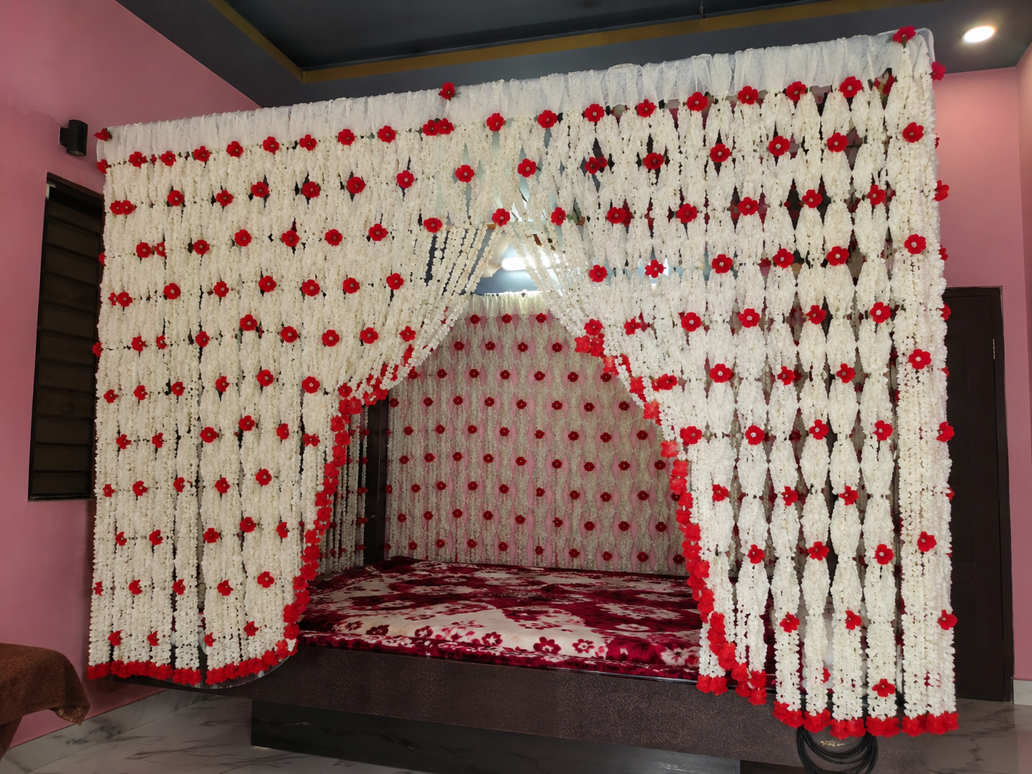 Premium Handmade Floral Bed Canopy Curtain | White & Red Flower Wedding Bed Decoration Net | Royal Bedroom Decor