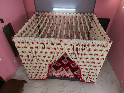 Premium Handmade Floral Bed Canopy Curtain | White & Red Flower Wedding Bed Decoration Net | Royal Bedroom Decor