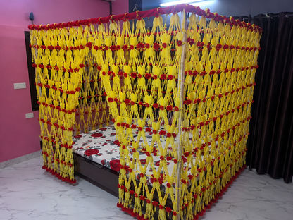 Handmade Decorative Bed Canopy Net Curtain | Yellow & Red Pom Pom Hanging Bed Decor for Wedding & Bedroom