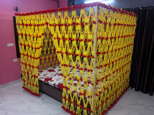 Handmade Decorative Bed Canopy Net Curtain | Yellow & Red Pom Pom Hanging Bed Decor for Wedding & Bedroom
