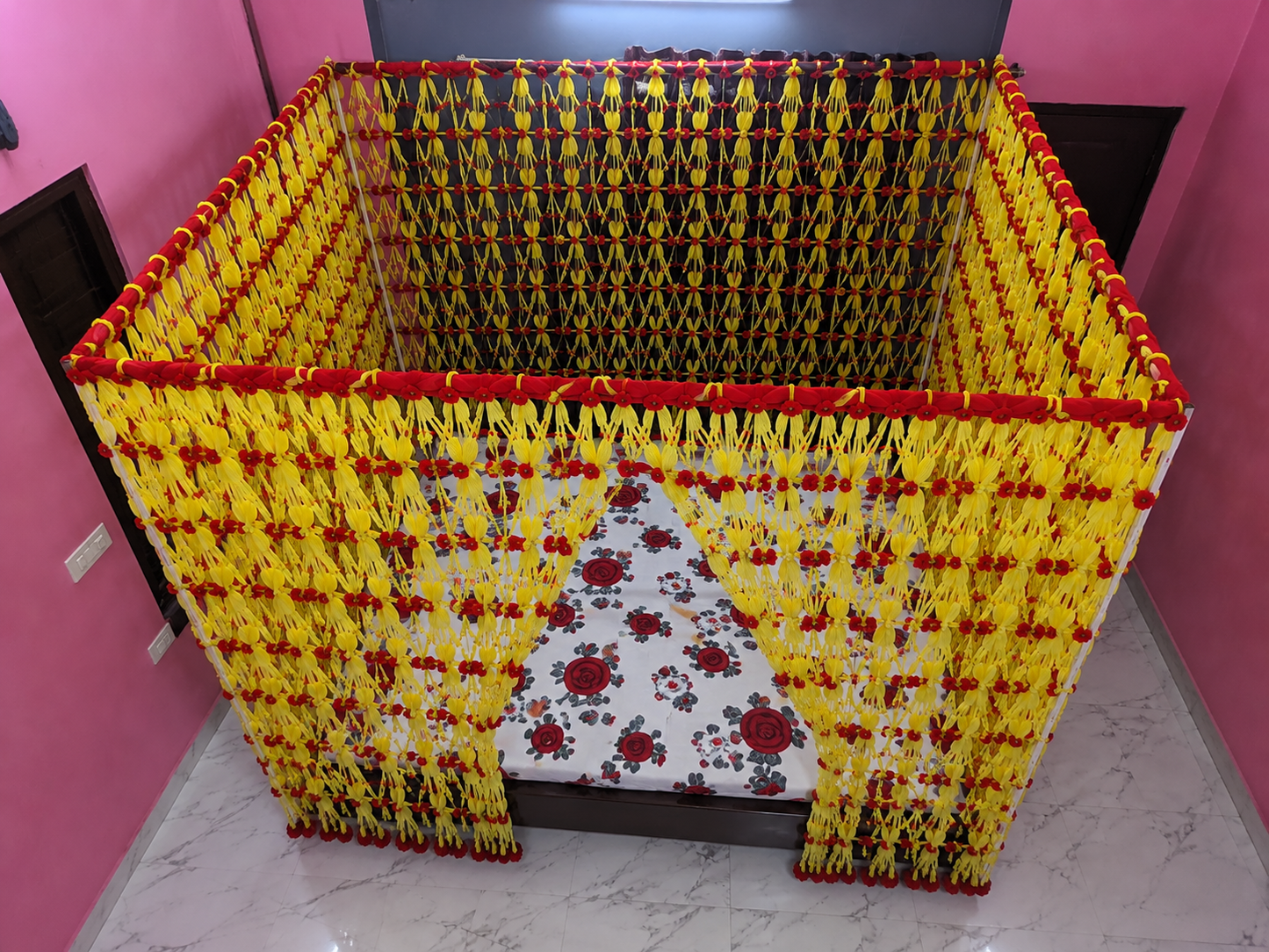 Handmade Decorative Bed Canopy Net Curtain | Yellow & Red Pom Pom Hanging Bed Decor for Wedding & Bedroom