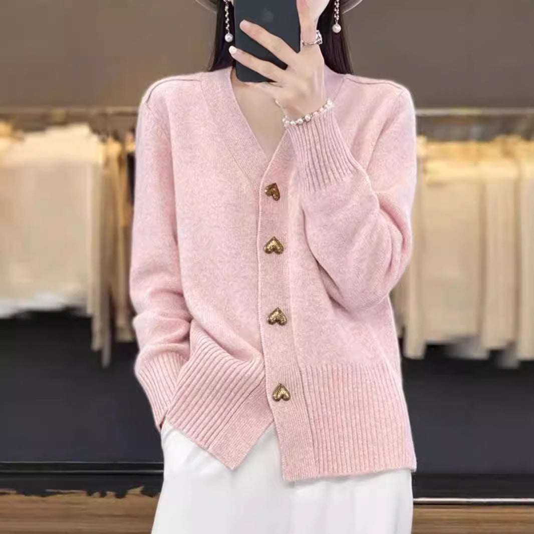 Heart Buckle Solid Color Knitted V-neck Cardigan Loose Sweater For Women