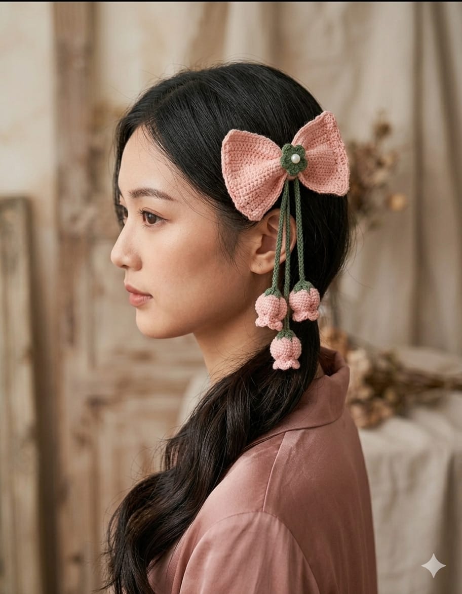 Handmade Crochet Bow Hair Clip – Cute Floral Hair Accessory for Girls & Women