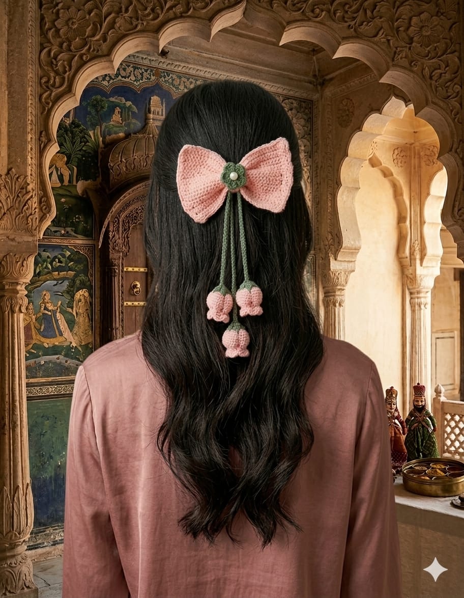Handmade Crochet Bow Hair Clip – Cute Floral Hair Accessory for Girls & Women