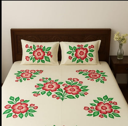 Handmade Hand Print Rose Bedsheet with 2 Pillow Covers – Elegant Floral Cotton Bedsheet Set