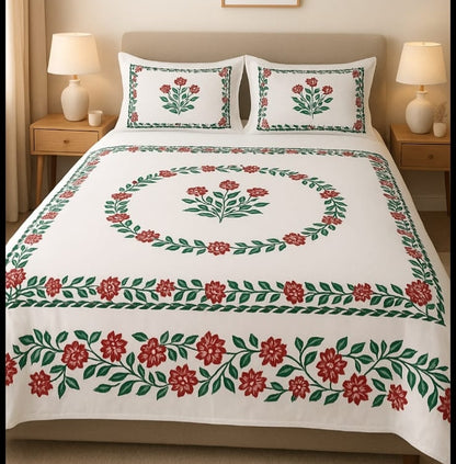 Handmade Hand Print Rose Bedsheet with 2 Pillow Covers – Elegant Floral Cotton Bedsheet Set
