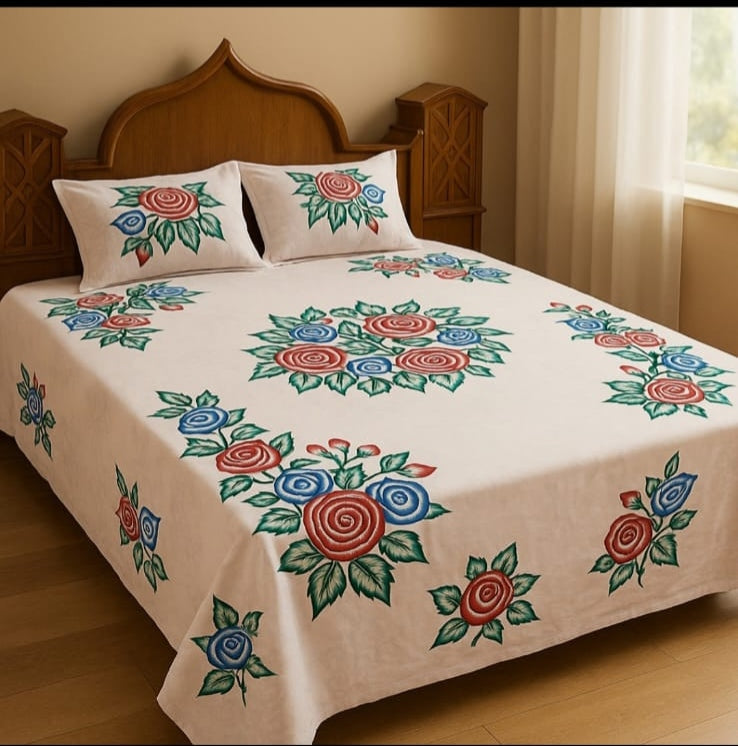 Handmade Hand Print Rose Bedsheet with 2 Pillow Covers – Elegant Floral Cotton Bedsheet Set