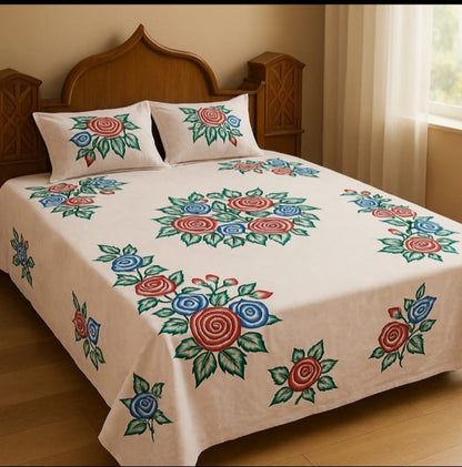 Handmade Hand Print Rose Bedsheet with 2 Pillow Covers – Elegant Floral Cotton Bedsheet Set