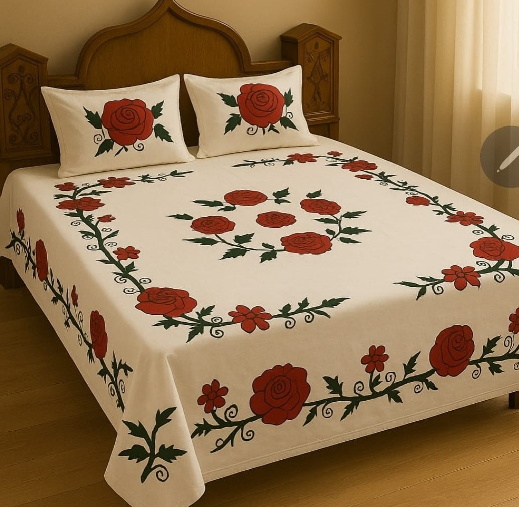 Handmade Hand Print Rose Bedsheet with 2 Pillow Covers – Elegant Floral Cotton Bedsheet Set