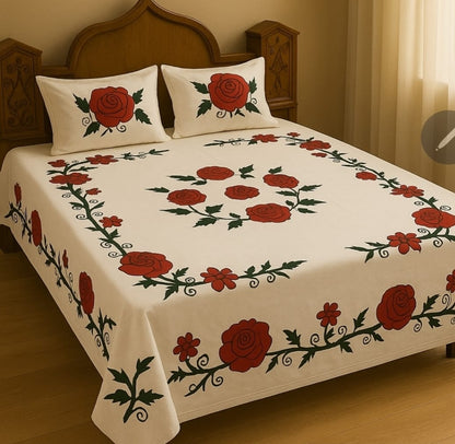 Handmade Hand Print Rose Bedsheet with 2 Pillow Covers – Elegant Floral Cotton Bedsheet Set
