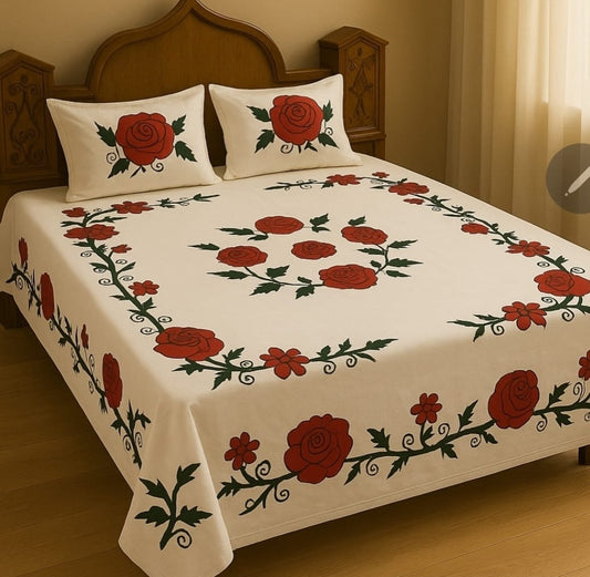 Handmade Hand Print Rose Bedsheet with 2 Pillow Covers – Elegant Floral Cotton Bedsheet Set