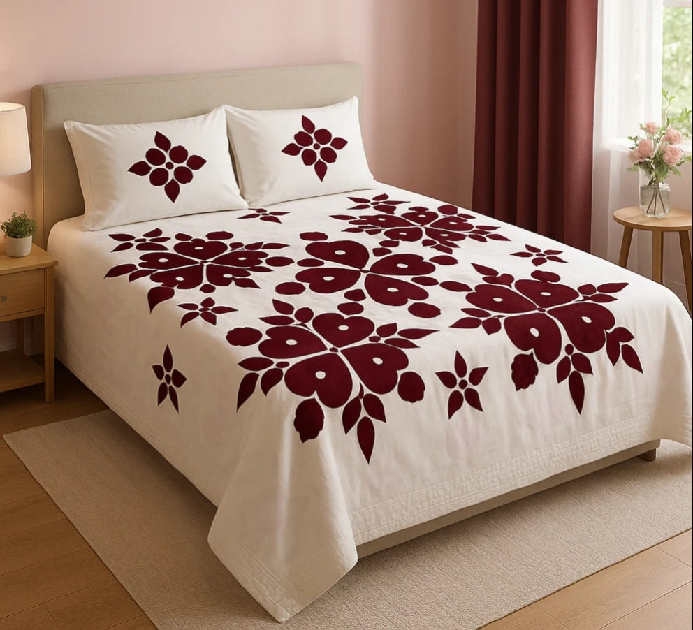 Handmade Hand Print Rose Bedsheet with 2 Pillow Covers – Elegant Floral Cotton Bedsheet Set