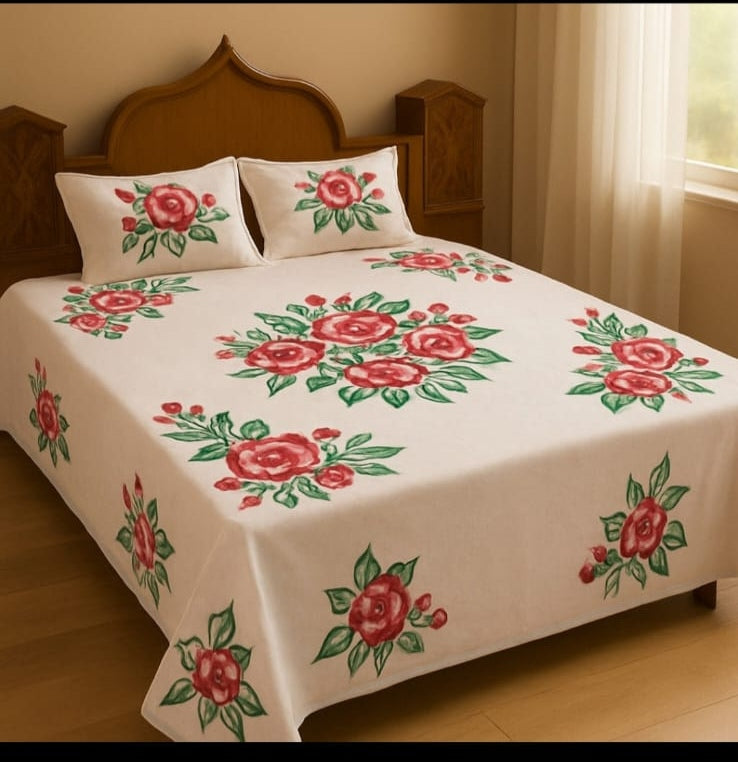 Handmade Hand Print Rose Bedsheet with 2 Pillow Covers – Elegant Floral Cotton Bedsheet Set