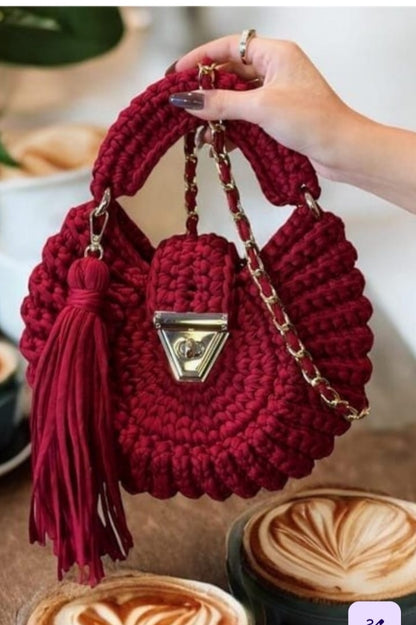 Luxury Handmade Crochet Handbag for Women – Stylish Maroon Knit Shoulder & Crossbody Bag