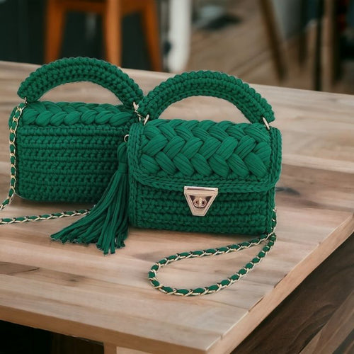 Luxury Handmade Crochet Handbag for Women | Emerald Green Designer Sling Bag with Golden Chain