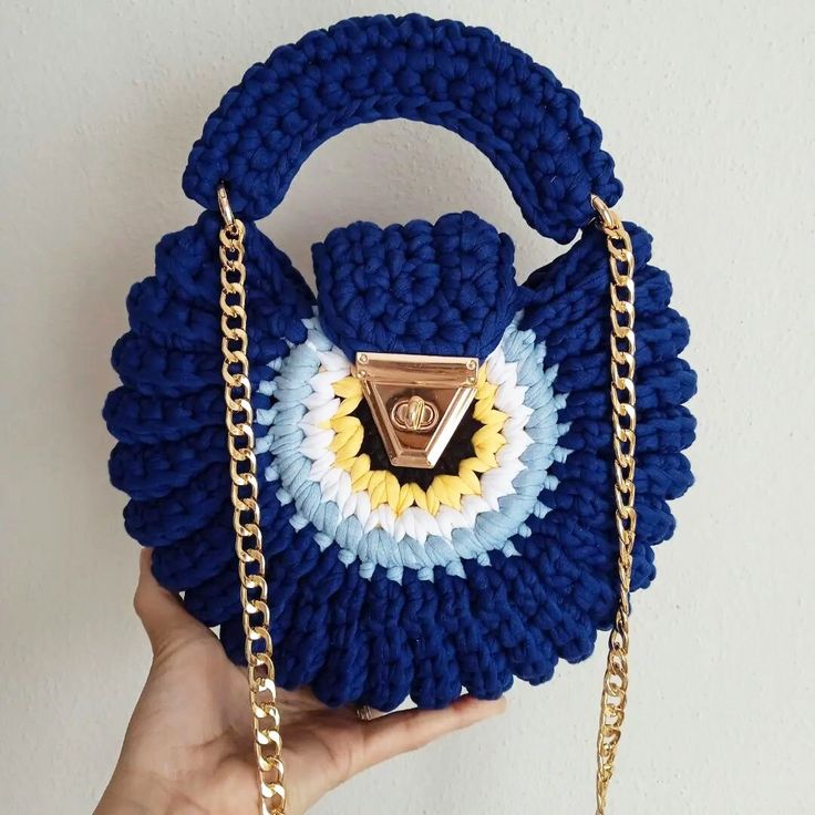 Handmade Crochet Handbag for Women | Stylish Round Sling Bag with Golden Chain