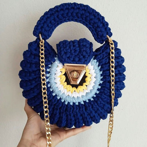 Handmade Crochet Handbag for Women | Stylish Round Sling Bag with Golden Chain