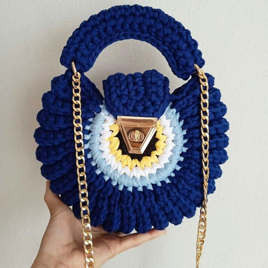Handmade Crochet Handbag for Women | Stylish Round Sling Bag with Golden Chain
