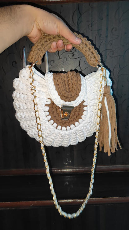 Elegant Handmade Crochet Handbag for Women | White & Coffee Brown Designer Sling Bag with Golden Chain
