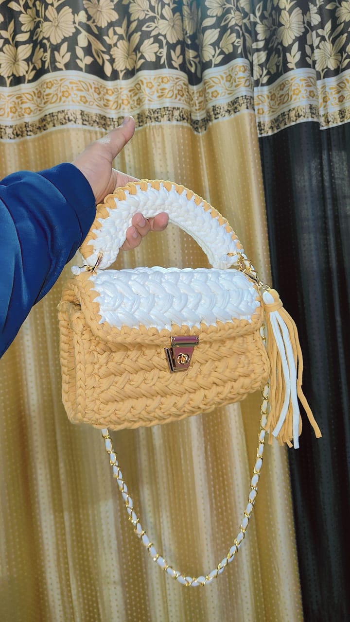 Elegant Handmade Crochet Mini Bag – White & Grey Luxury Handbag for Girls & Women