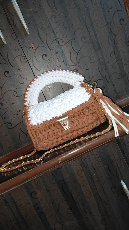 Elegant Handmade Crochet Mini Bag – White & Grey Luxury Handbag for Girls & Women