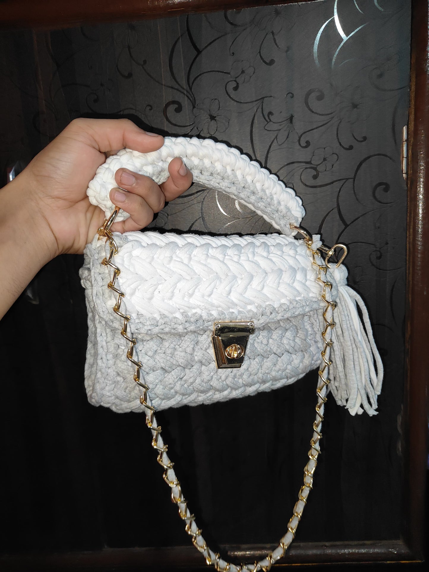 Elegant Handmade Crochet Mini Bag – White & Grey Luxury Handbag for Girls & Women