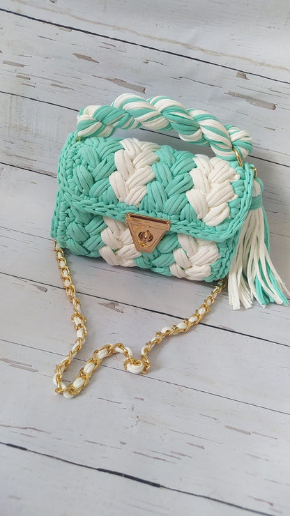 Luxury Handmade Crochet Mini Bag – Mint Green & White Designer Handbag
