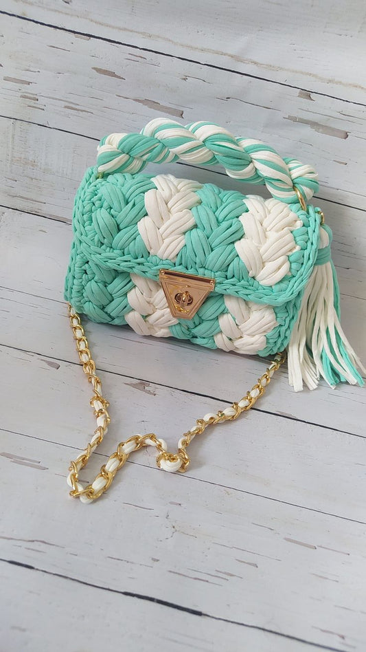 Luxury Handmade Crochet Mini Bag – Mint Green & White Designer Handbag
