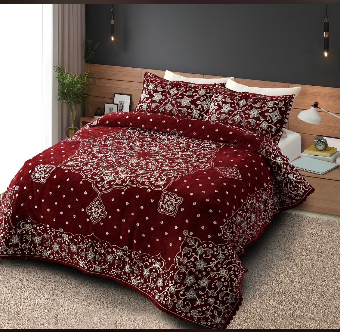 Luxury Velvet Double Bed Blanket / Razai – King Size Heavy Winter Quilt with Elegant Floral Design