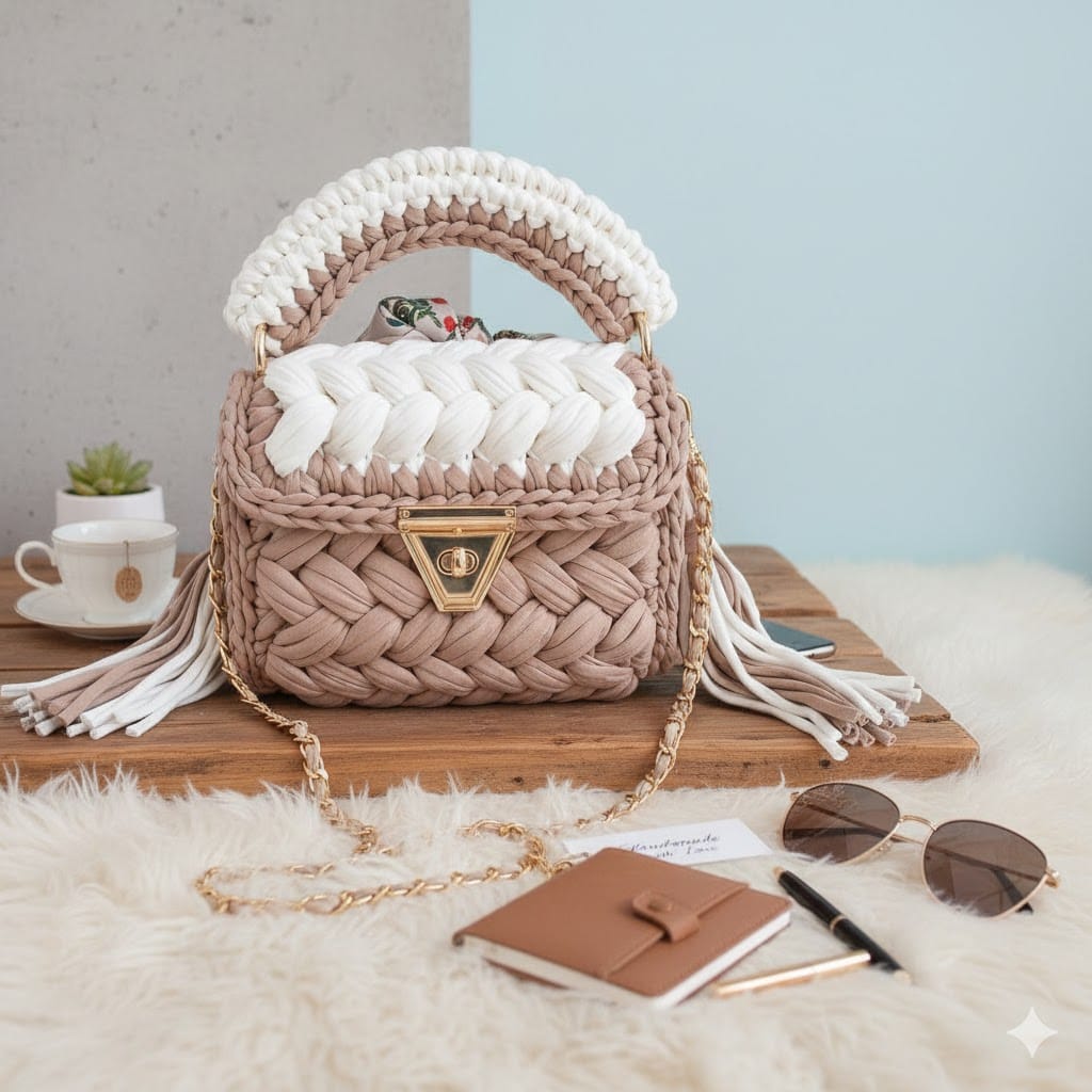 Elegant Handmade Crochet Mini Bag – White & Grey Luxury Handbag for Girls & Women