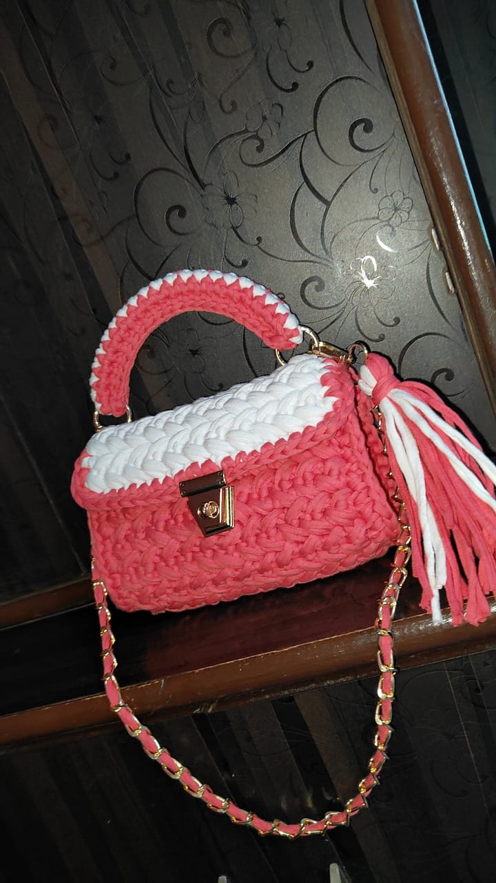 Elegant Handmade Crochet Mini Bag – White & Grey Luxury Handbag for Girls & Women